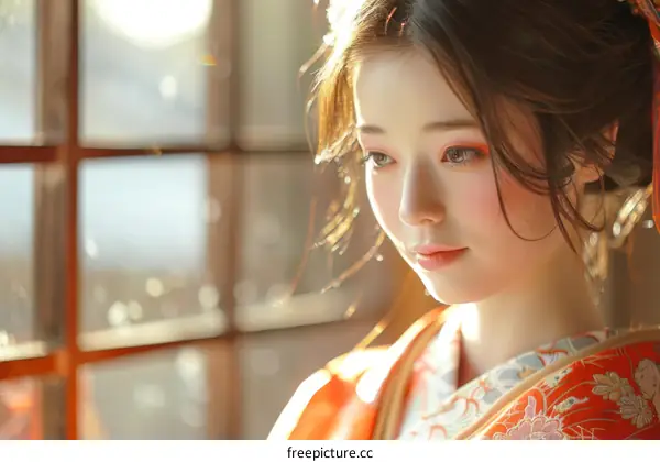 Portrait of a beautiful Asian woman in traditional Japanese kimono