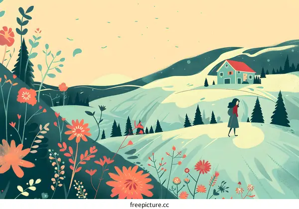 Woman Walking on a Snowy Mountain Path with a House in the Distance