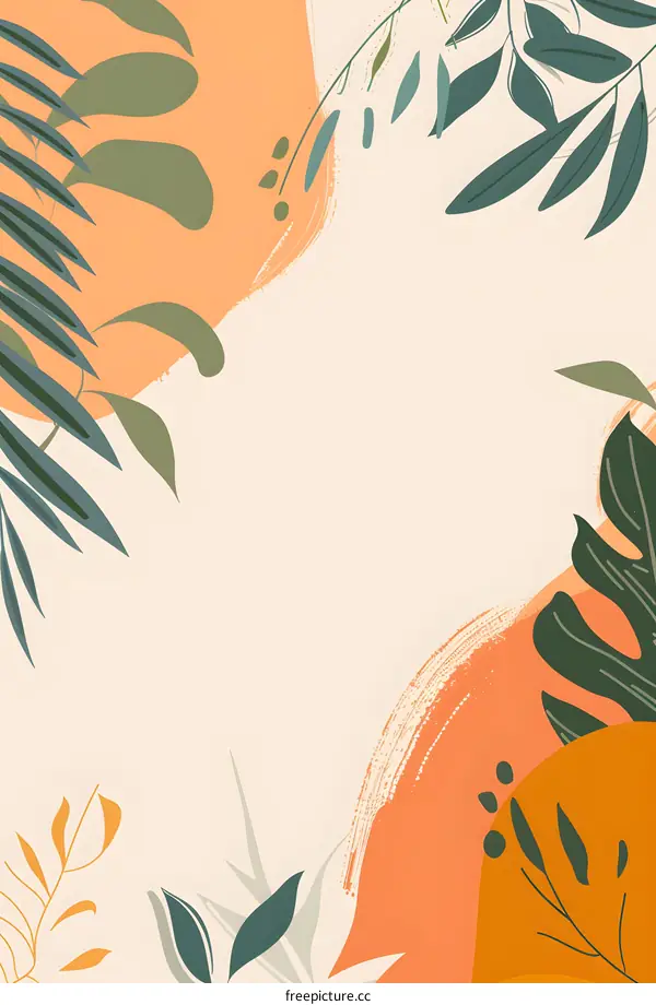 Abstract Green Leaves with Orange and Beige Background