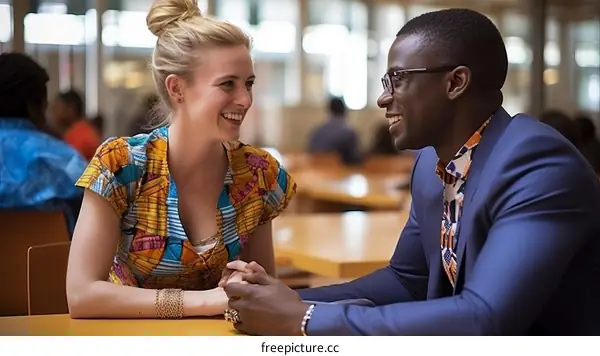 Interracial couple sitting at a table smiling at each other