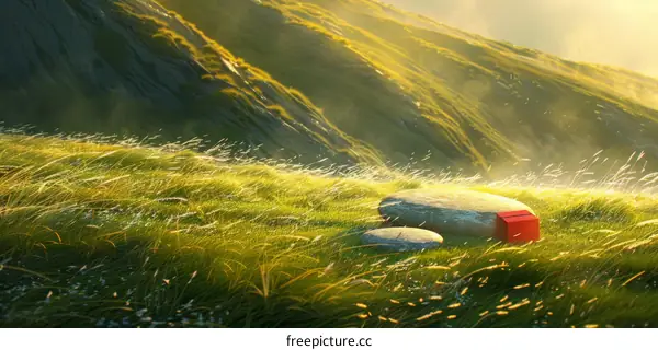 Red box on a green grassy hill