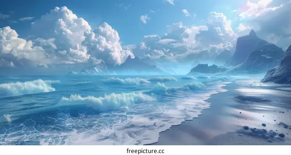 Azure Sea, White Clouds, and Distant Mountains
