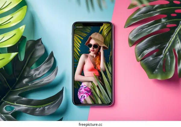 Tropical Summer Phone Screen with Woman in Hat