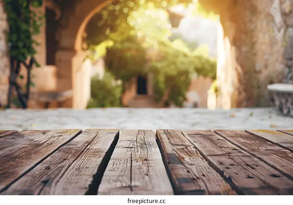 Rustic Wooden Tabletop Against Blurred Background Of Pathway In European Village