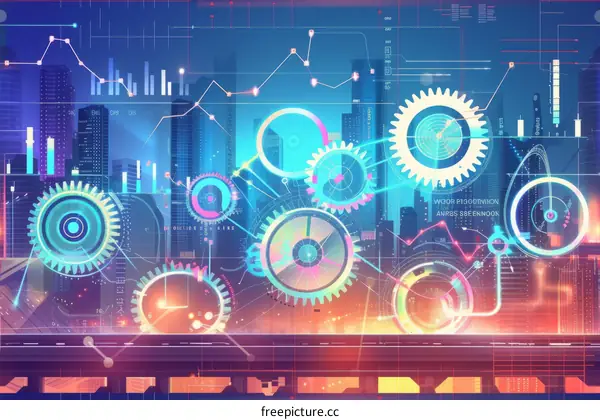 gears and cogs in a technology background with a futuristic city in the background