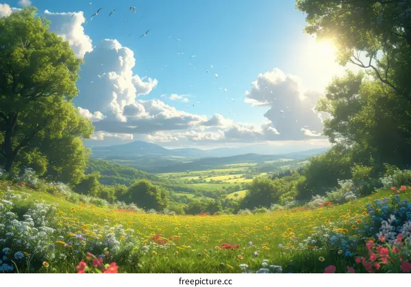 Birds Flying Over Green Rolling Hills