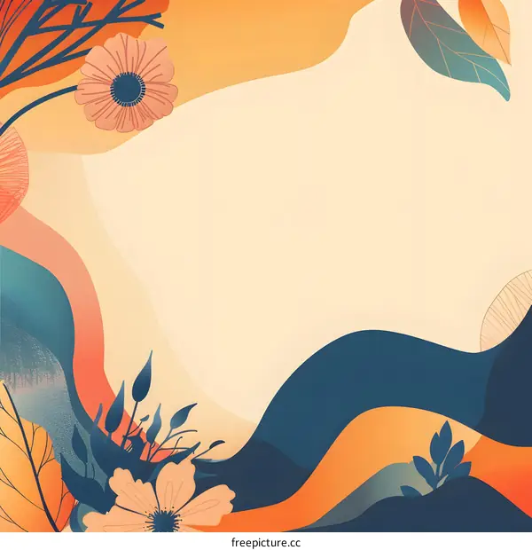 Abstract Floral Background Design with Orange and Blue Waves