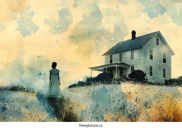 Vintage Watercolor Painting of a Woman Standing in Front of a House