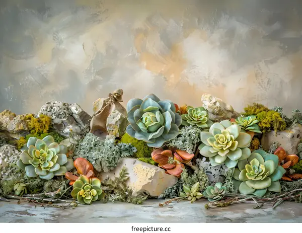Succulents and Rocks with a Grey and Gold Background