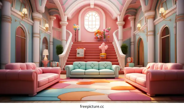 A pink living room with a staircase and a colorful rug