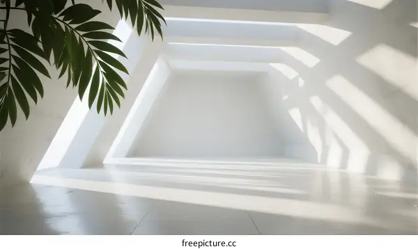 Minimalist White Room with Natural Light and Green Leaf Decoration