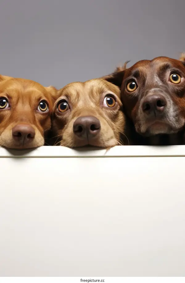Three dogs looking over a ledge