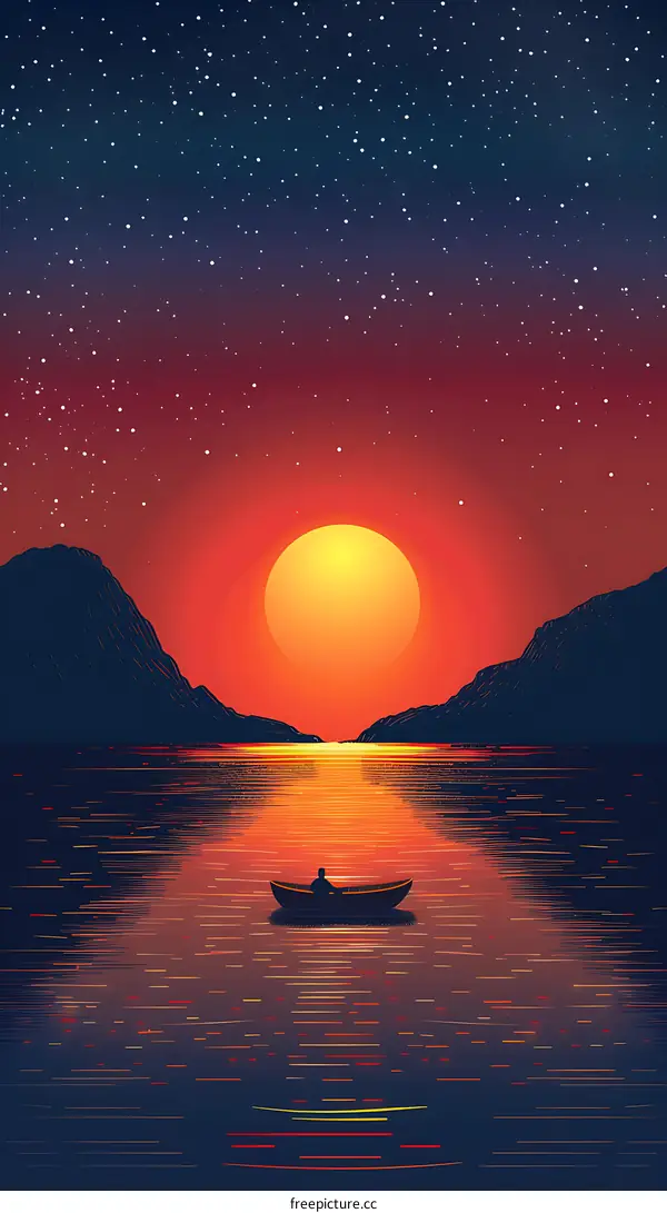 Sunset Silhouette of a Man in a Boat on a Lake