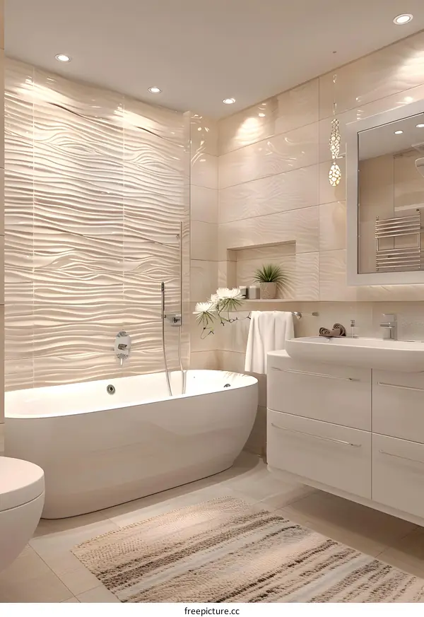 Modern Bathroom Interior Design with White Bathtub and Beige Tiles