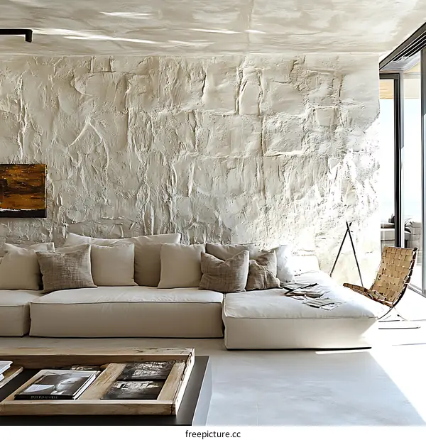 Modern Beige Living Room with Stone Wall
