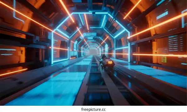 Futuristic Sci-Fi Corridor with Neon Lights and Holographic Elements