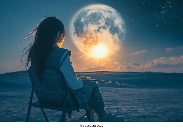 Moonlit Winter Fishing Adventure of a Young Woman
