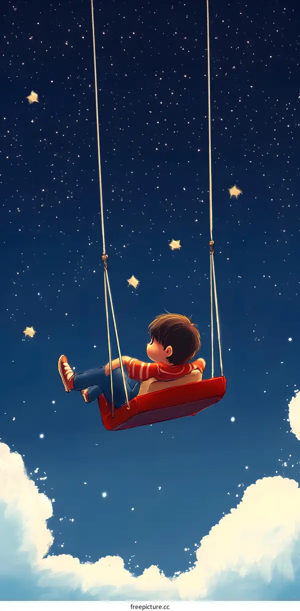 Little Boy Swinging on a Swing Looking at Stars
