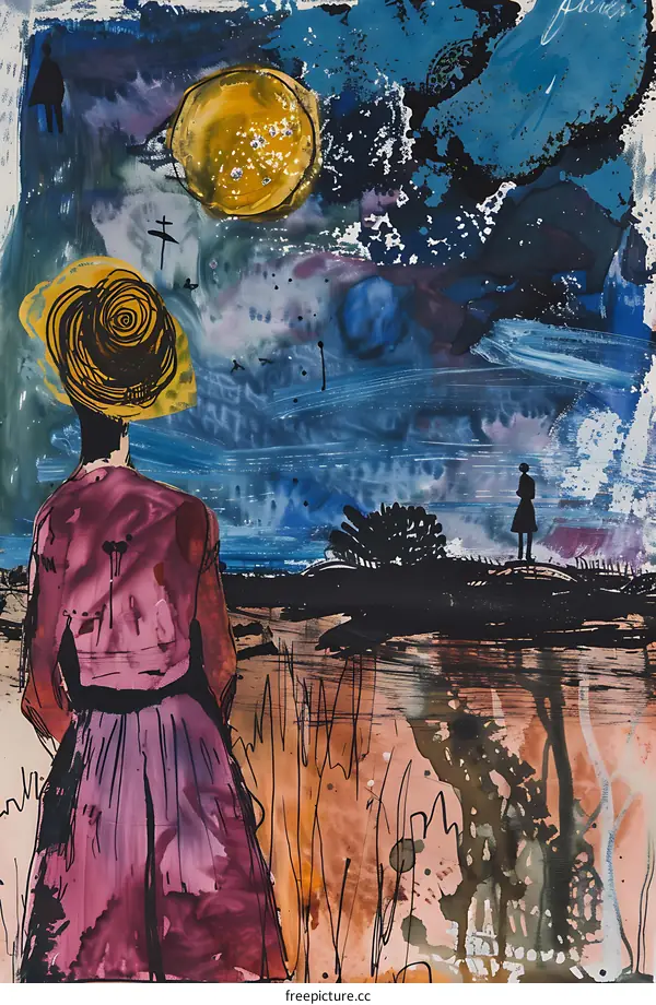 Abstract Art Painting with Woman in Hat Looking at a Moon