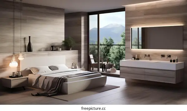 Modern Minimalist Bedroom with Mountain Views and Ensuite Bathroom