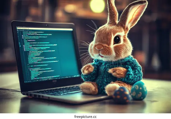 Adorable Easter Bunny with Laptop