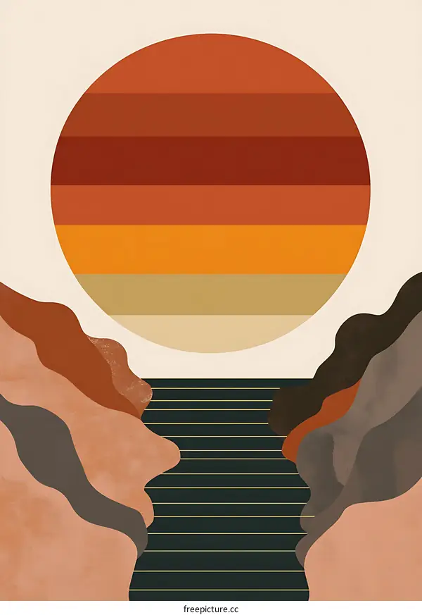 Abstract Minimalist Sunset Illustration With Mountain Landscape And Water