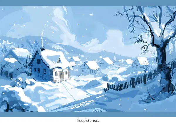 Snowy Winter Village Landscape Painting