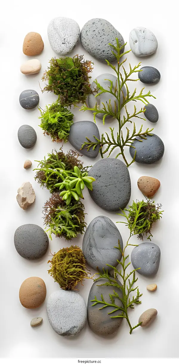 Natural Stones, Moss, and Twigs on a White Background