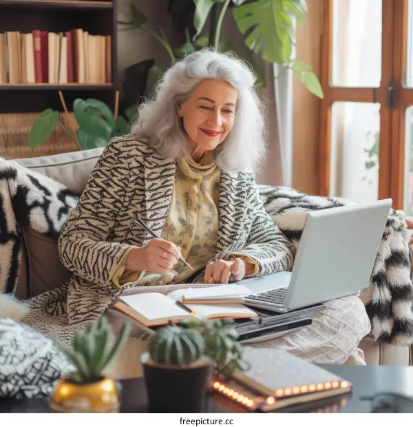 Senior woman working from home