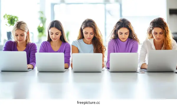Young Women Working on Laptops in Modern Office Setting