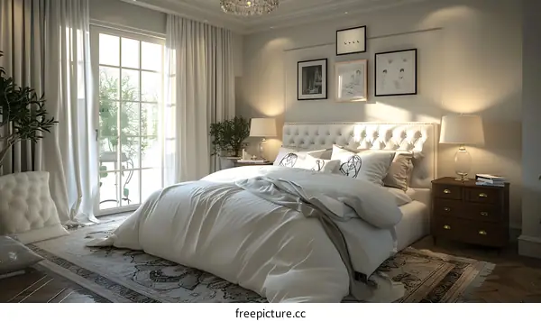 A bedroom with a white bed