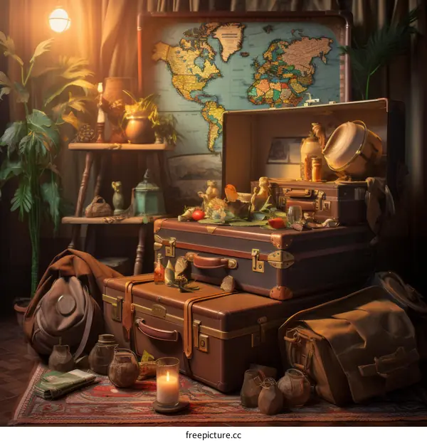 Vintage suitcases and travel items with a world map in the background
