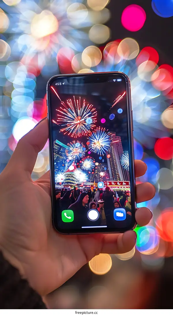 Hand Holding Smartphone With Fireworks Display On Screen