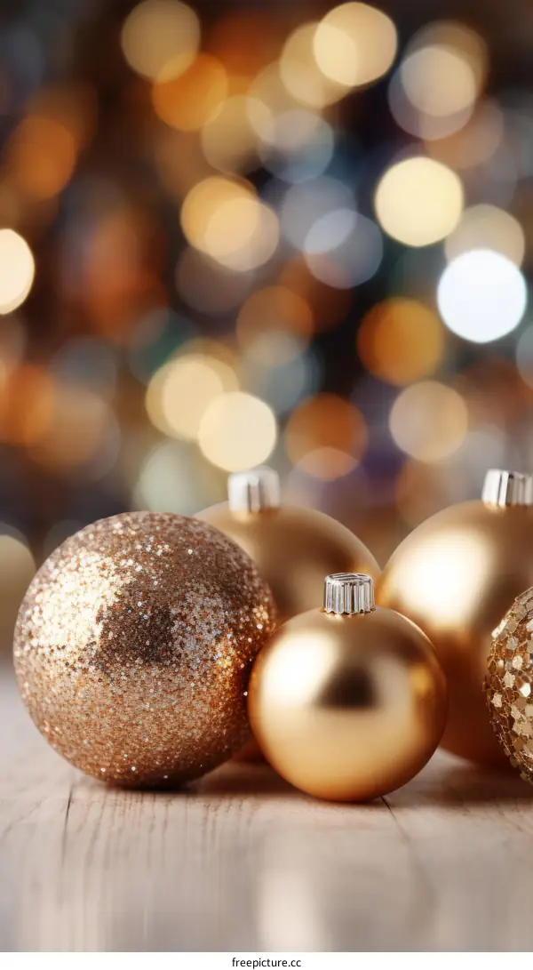 Golden Christmas balls on wooden table with blurred lights in background