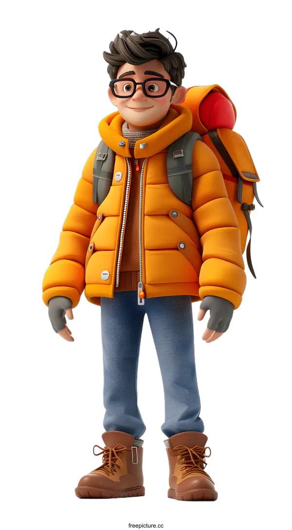 [Transparent Background PNG]Smiling Boy Wearing Yellow Jacket and Backpack