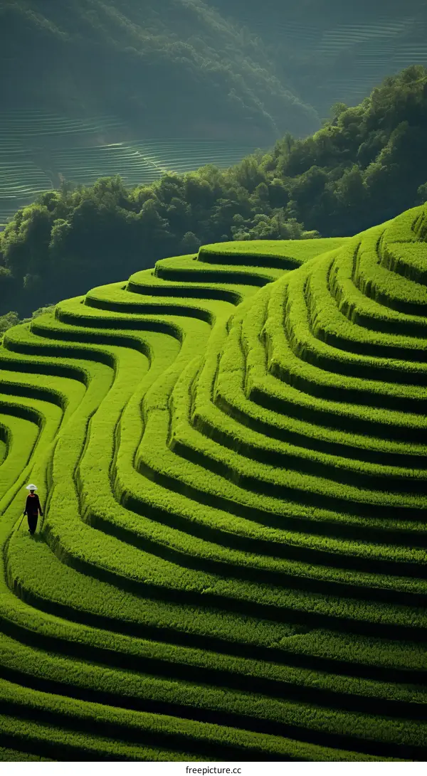Terraced rice fields in Vietnam with a Vietnamese farmer walking through them