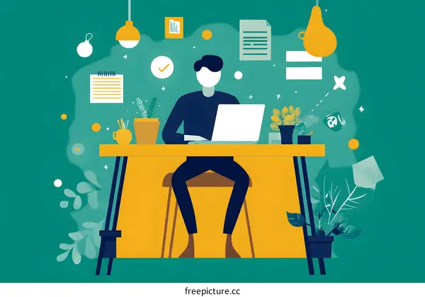 Man Working at Home Office Desk with Laptop