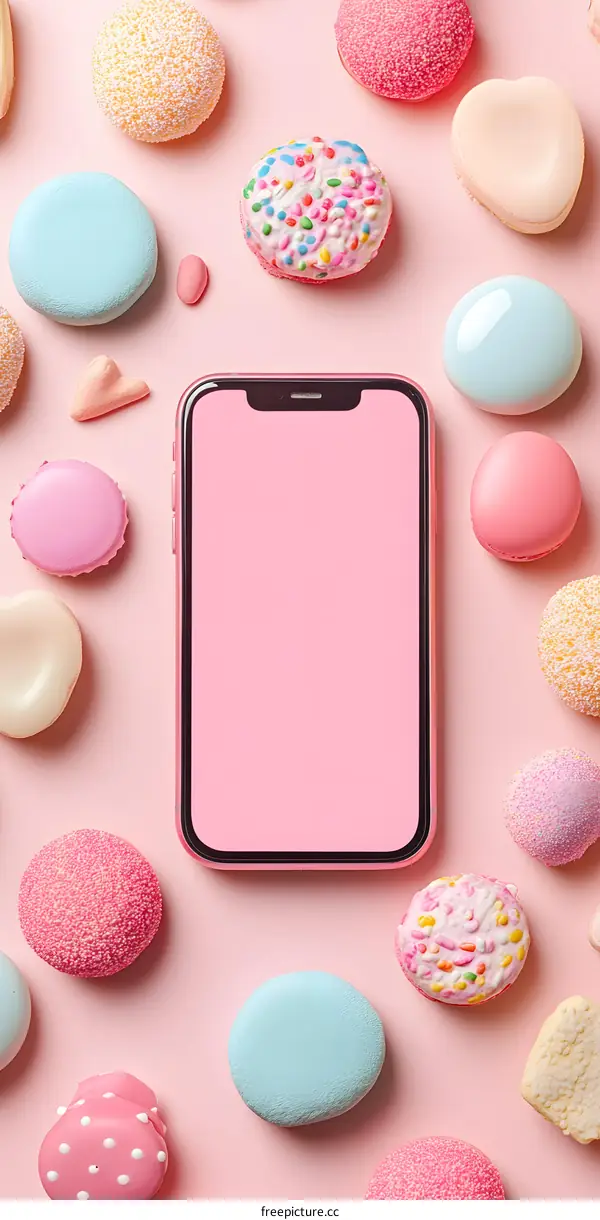 Pink Background with Phone and Colorful Macarons