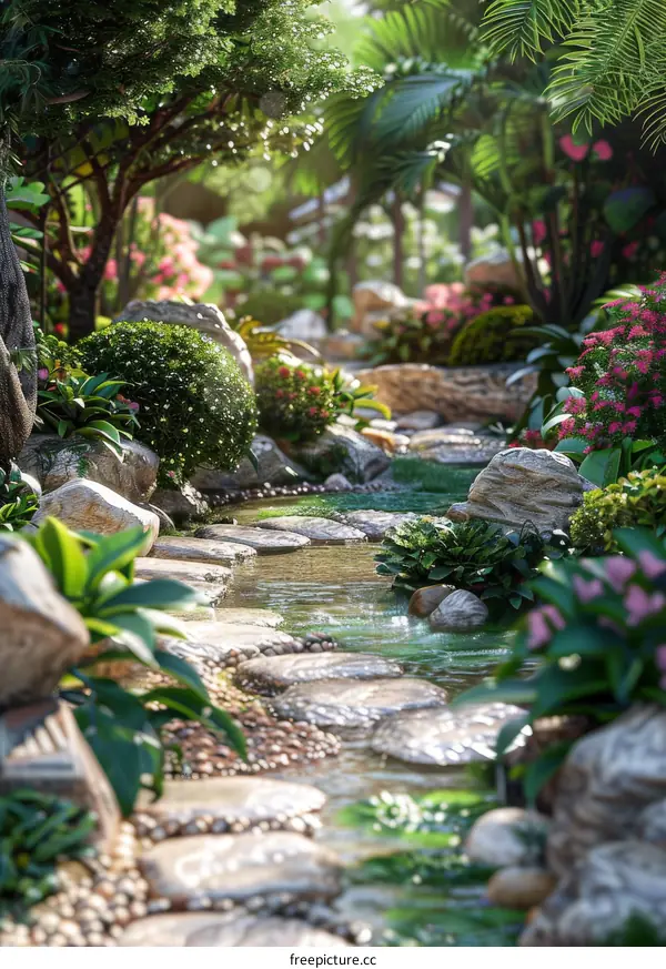 Serene Garden Path with Water Stream