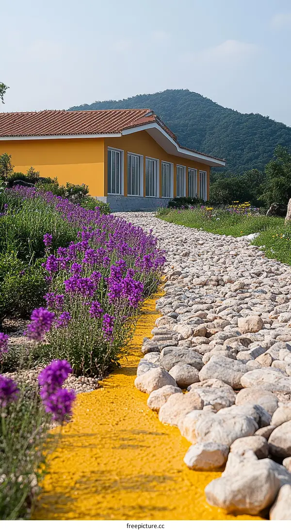 Yellow Pathway and Purple Flowers near a Yellow Building