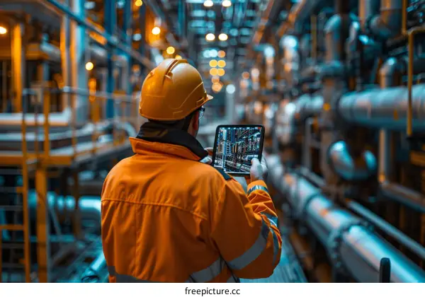 Oil and gas worker inspecting pipes and valves at an oil refinery