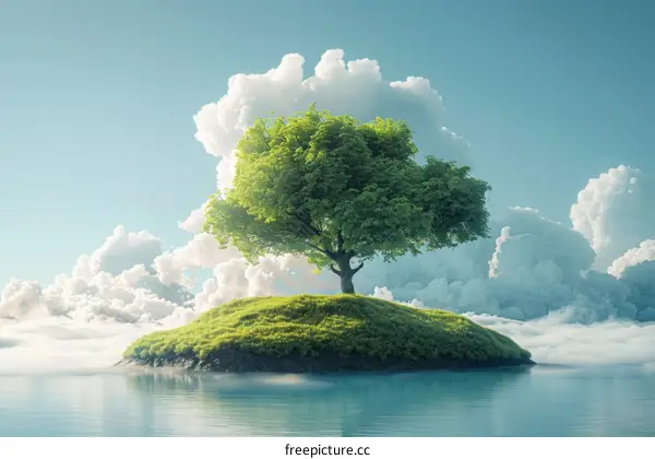 Peaceful Island Tree with Cloudscape Illustration