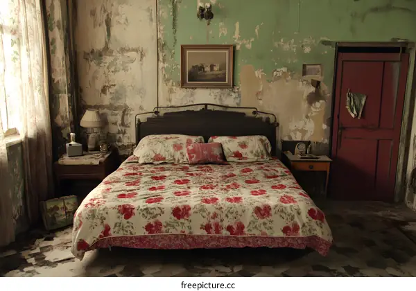 Vintage Floral Bedspread in Abandoned Room