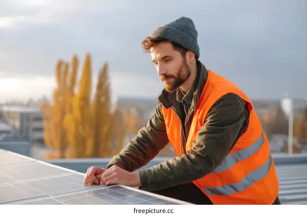 Worker Installing Solar Panels on Rooftop