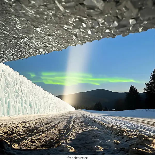 Aurora Borealis Over Snowy Road In Winter