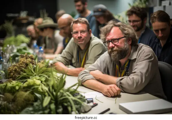 A group of people are sitting around a table discussing something.