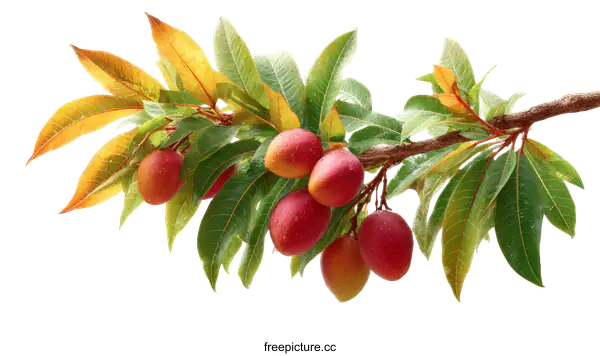 [Transparent Background PNG]Fresh Mangoes on Branch with Green Leaves