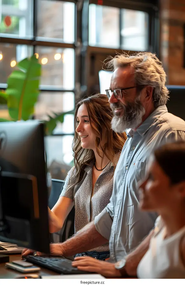 Smiling Business Colleagues Working Together on a Computer