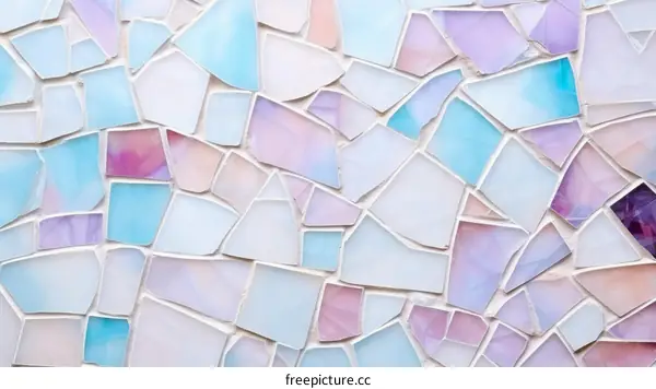 Close-up of a mosaic wall with pink, purple, and blue tiles