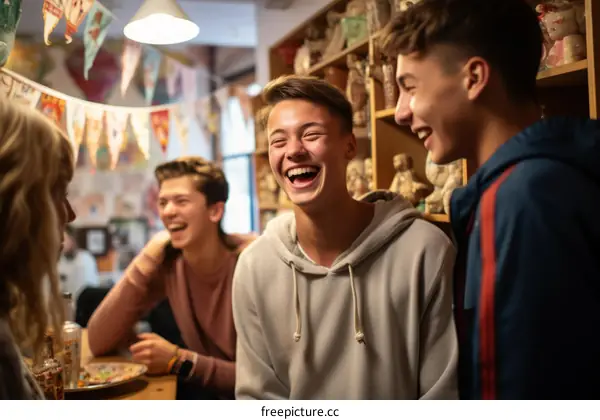 Four cheerful teenage friends laughing together in a cafe